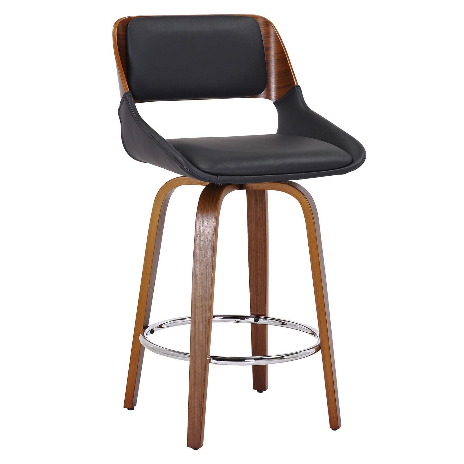 Mid-Century Faux Leather and Wood 26" Counter Stool with Swivel - Black and Walnut