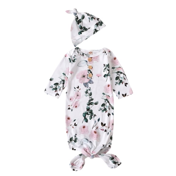 WIBACKER Baby Girls Boys Nightgowns Milk Silk Sleeper Bag Newborn Coming Home Outfits Floral Knotted Gown with Hat