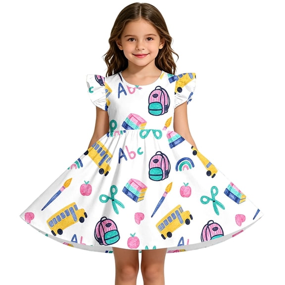 Bobifish Toddler Girls Ready To School Dress Cartoon Print Flutter Sleeve Dress Party Over Knee Length Children Girls Dress