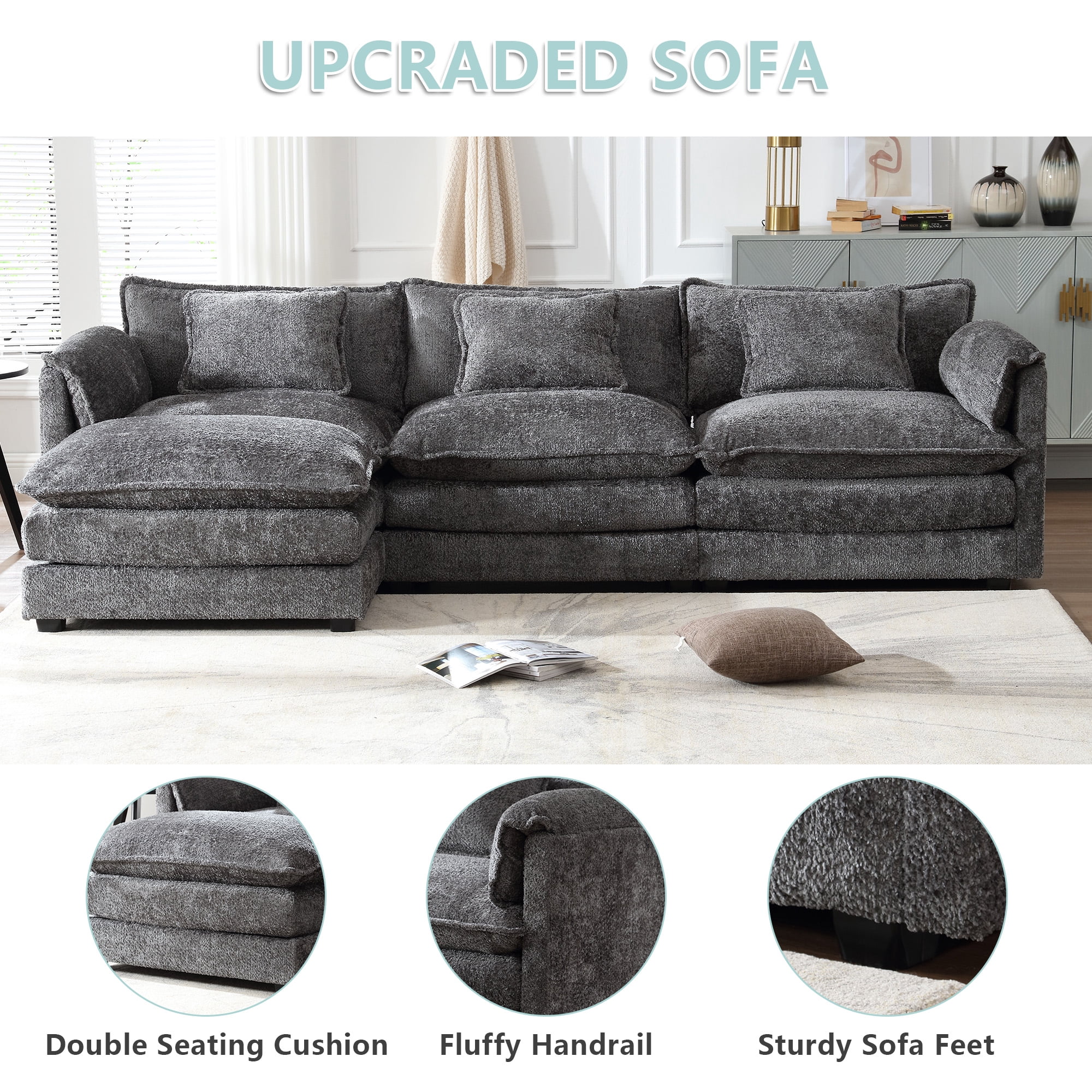 MOONMISS Chenille Upholstered L-Shape Comfy Oversized Modular Sectional Sleeper Sofa with Moveable Ottoman-Gray