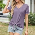 thumbnail image 5 of Fesfesfes Women's V-Neck Tops New Eyelet Embroidered Short Ruffle Sleeve T-shirt Breathable Fabric Casual Loose Front Tie Hem Tee, 5 of 7