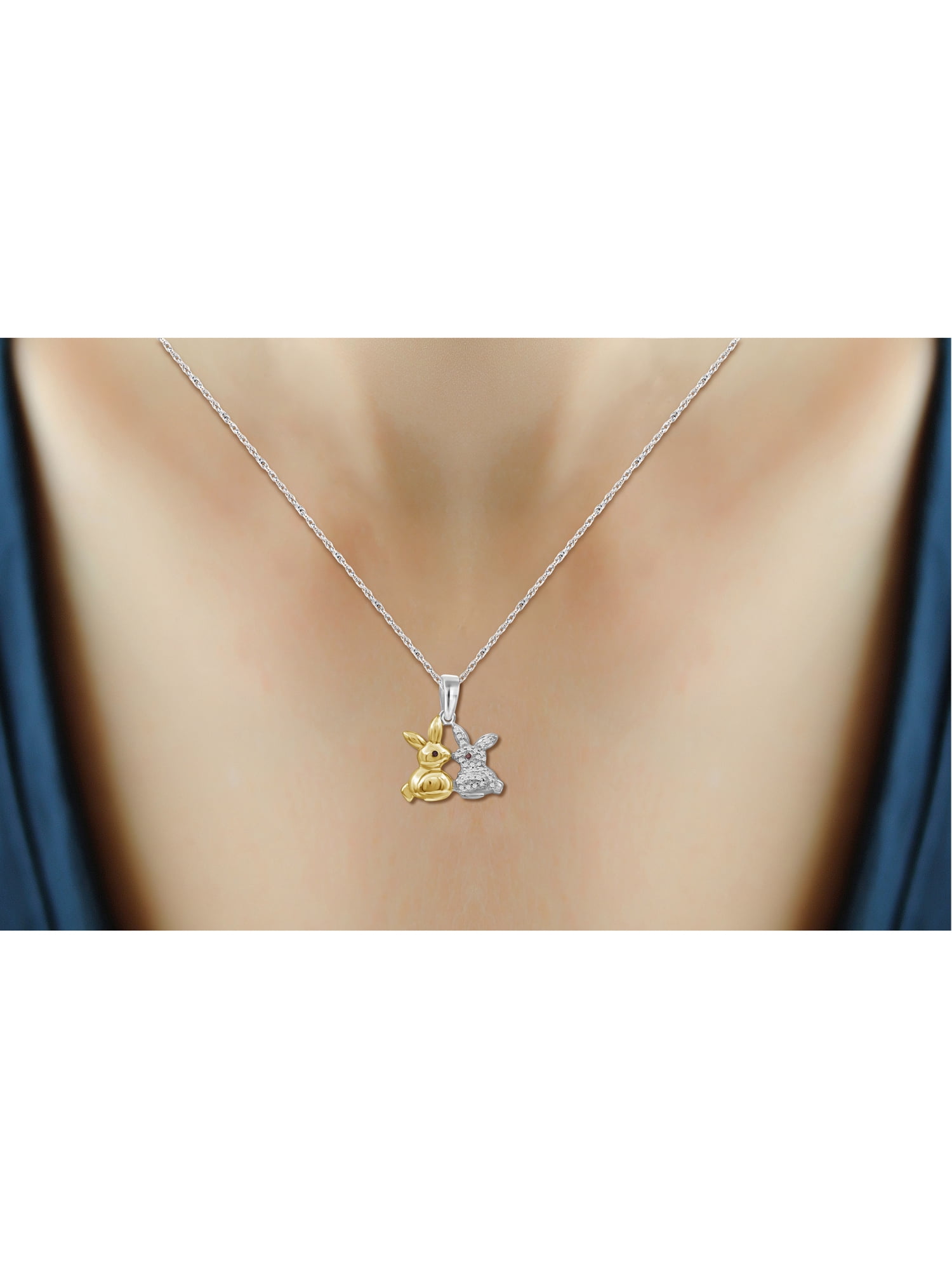 Silver Chain Necklace for Women – .925 Two Tone Sterling Silver Bunny Necklace with Sparkling Genuine Accent Red & White Diamonds – Chic, Stunning Silver Statement Necklace Gifts by JewelersClub