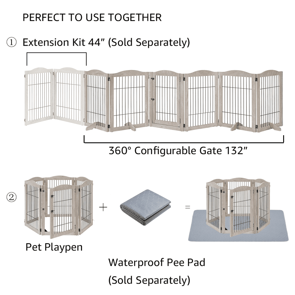 Unipaws Extra Wide Freestanding Dog Gate, 6 Panels Pet Playpen with Wood and Wire, Walk Through Dog Gate with 5 Support Feet