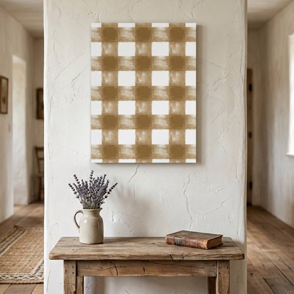 Ships Next Day Canvas Wall Art 11"x14", Brown White Plaid Wood Framed Canvas Print Painting, Watercolor Farmhouse Checkered Ready to Hang Small Picture Wall Decor for Home Bathroom Bedroom Hallway