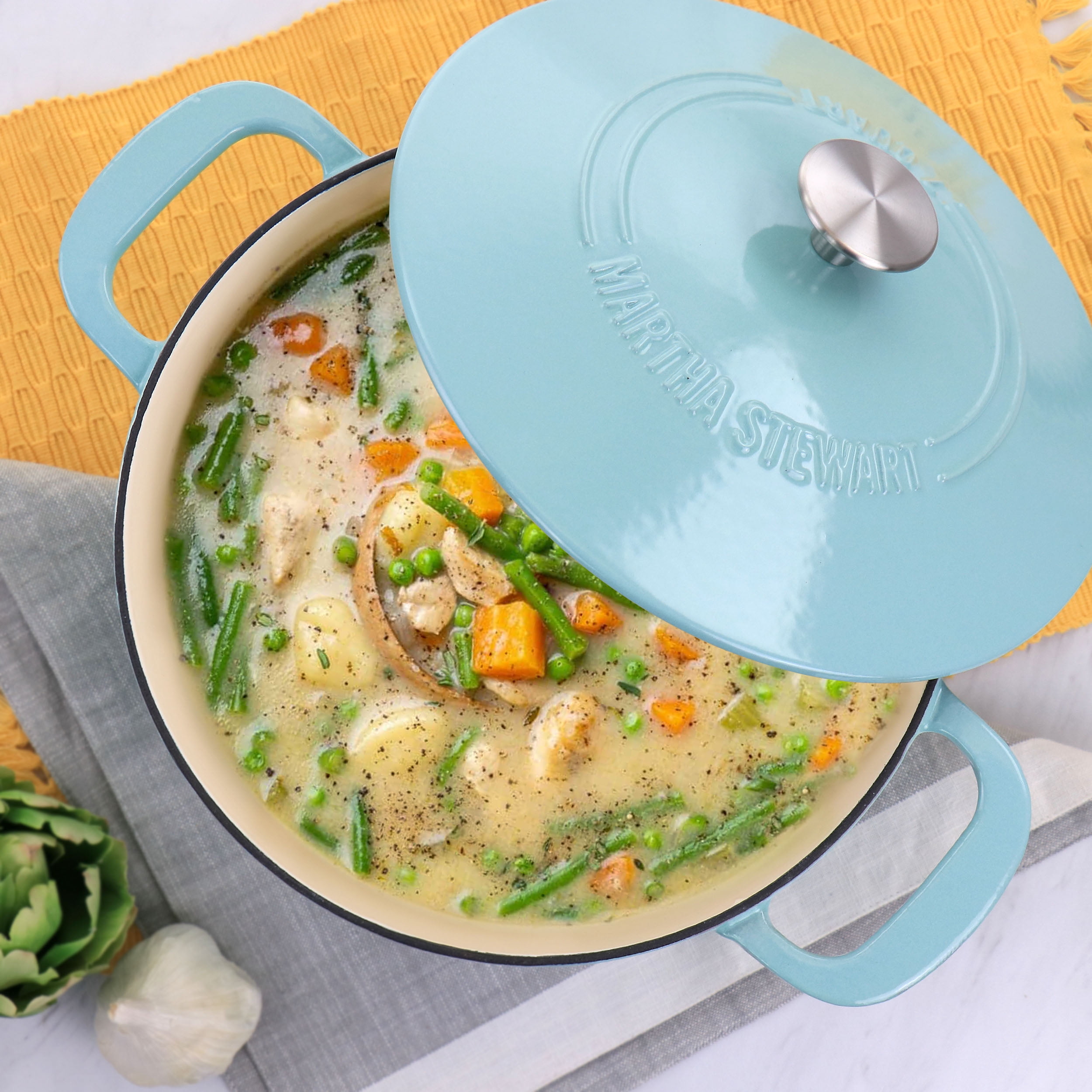 Martha Stewart Everyday Enameled Cast Iron 7 Quart Dutch Oven with Lid in Turquoise