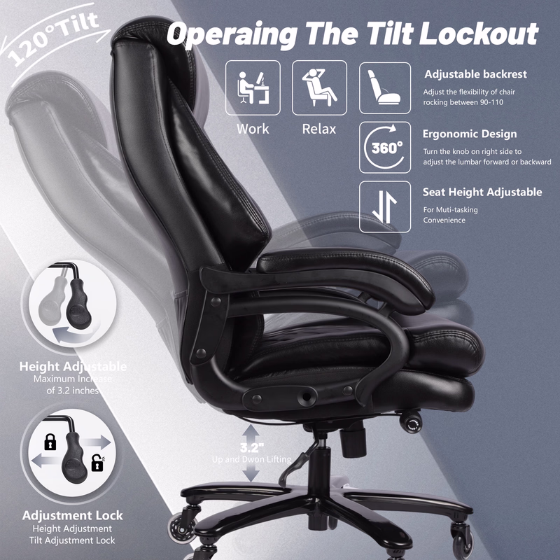 Qusaphy 800LBS Big and Tall Executive Office Chair, PU Leather Ergonomic Desk Chair with Adjustable Backrest and Thick Padded Cushion, Heavy Duty Chair for Home or Office Black