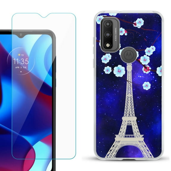 Slim-Fit Gel TPU Phone Case for Motorola Moto G Pure, with Tempered Glass Screen Protector, by OneToughShield ® - Eiffel Tower Stars