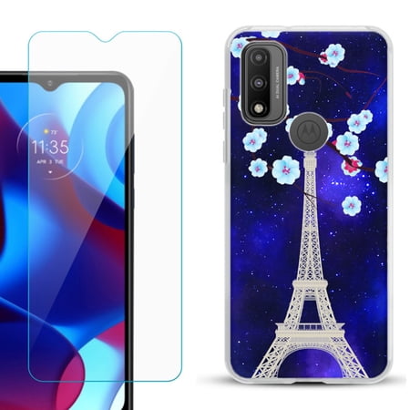 Slim-Fit Gel TPU Phone Case for Motorola Moto G Pure with Tempered Glass Screen Protector by OneToughShield ® - Eiffel Tower Stars