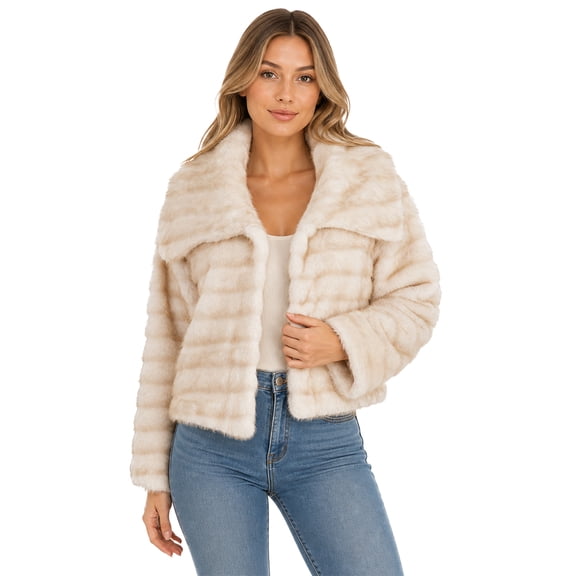 Amazhiyu Women's Faux Fur Jacket Striped Plush Coat Lapel Collar Warm Fuzzy Cropped Outerwear for Fall Winter Daily Wear