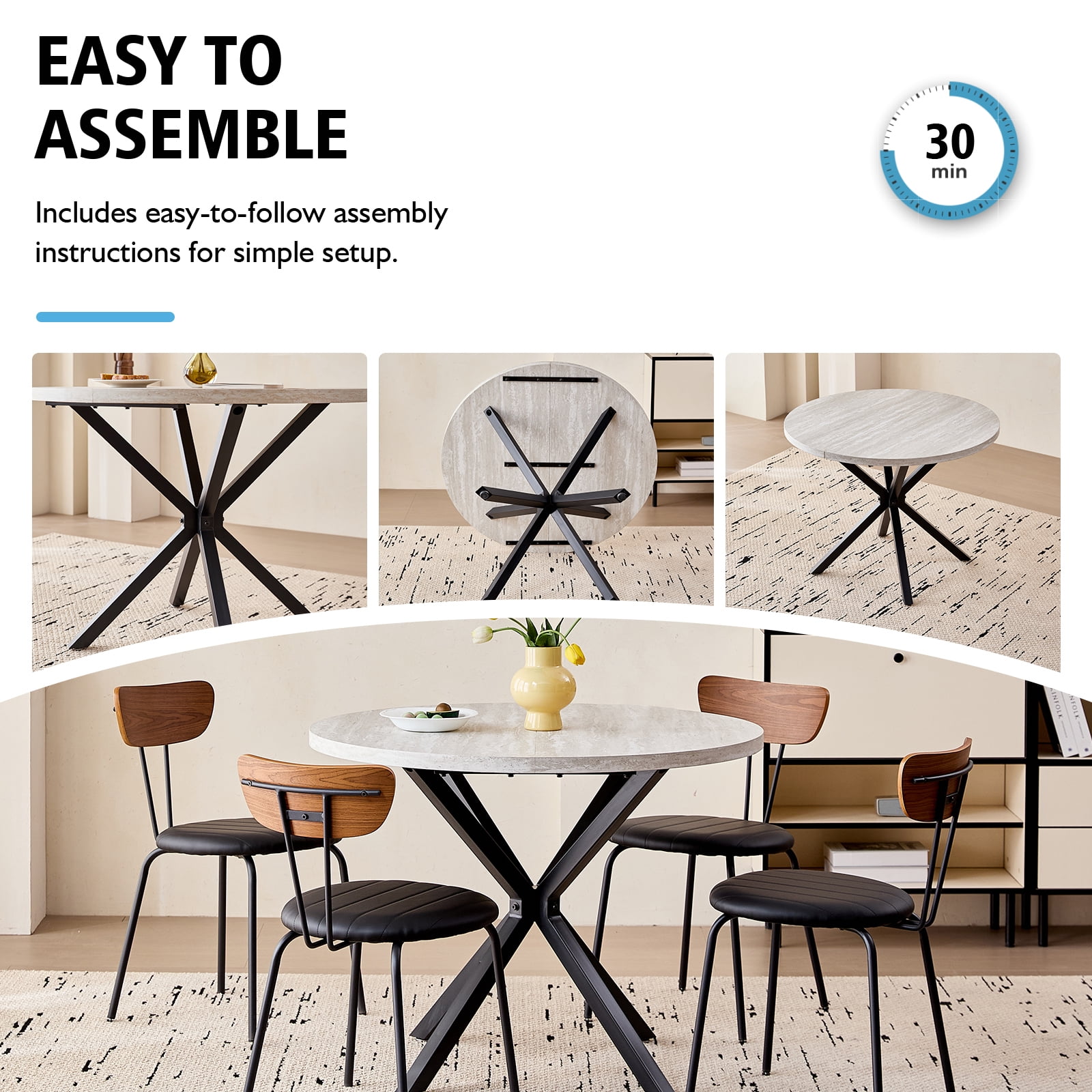 39 Inch Round Dining Table for 4, Mid-Century Kitchen Leisure Table for Apartment Living Room Space Saving, Metal Cross Legs, Gray Stone Pattern