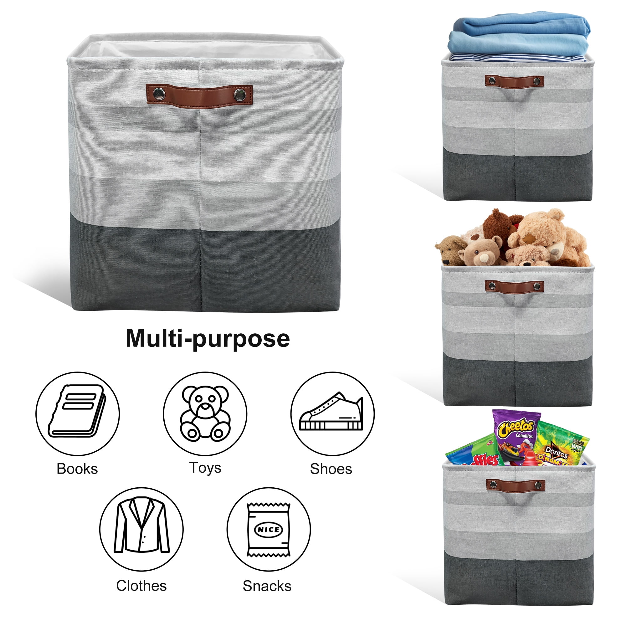 Tegance 13x13 Storage Cubes Baskets 4 Pack Fabric Cube Storage Bins Large Storage Baskets with Leather Handles,Decorative Storage Boxes for Organizing Shelves(Multicolor)