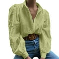 thumbnail image 3 of Womens Button Down Dressy Blouses, Short Sleeve Shirts for Women Fall Fashion Hollow Floral Solid Color Lapel T-Shirts, 3 of 6