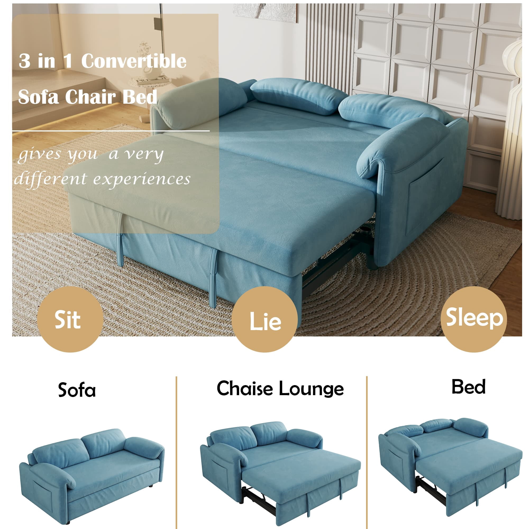 MAYEERTY 54" Velvet Convertible Sofa Bed, Pull Out Couch Beds Loveseat for Apartment, Living Room, Small Space, Blue