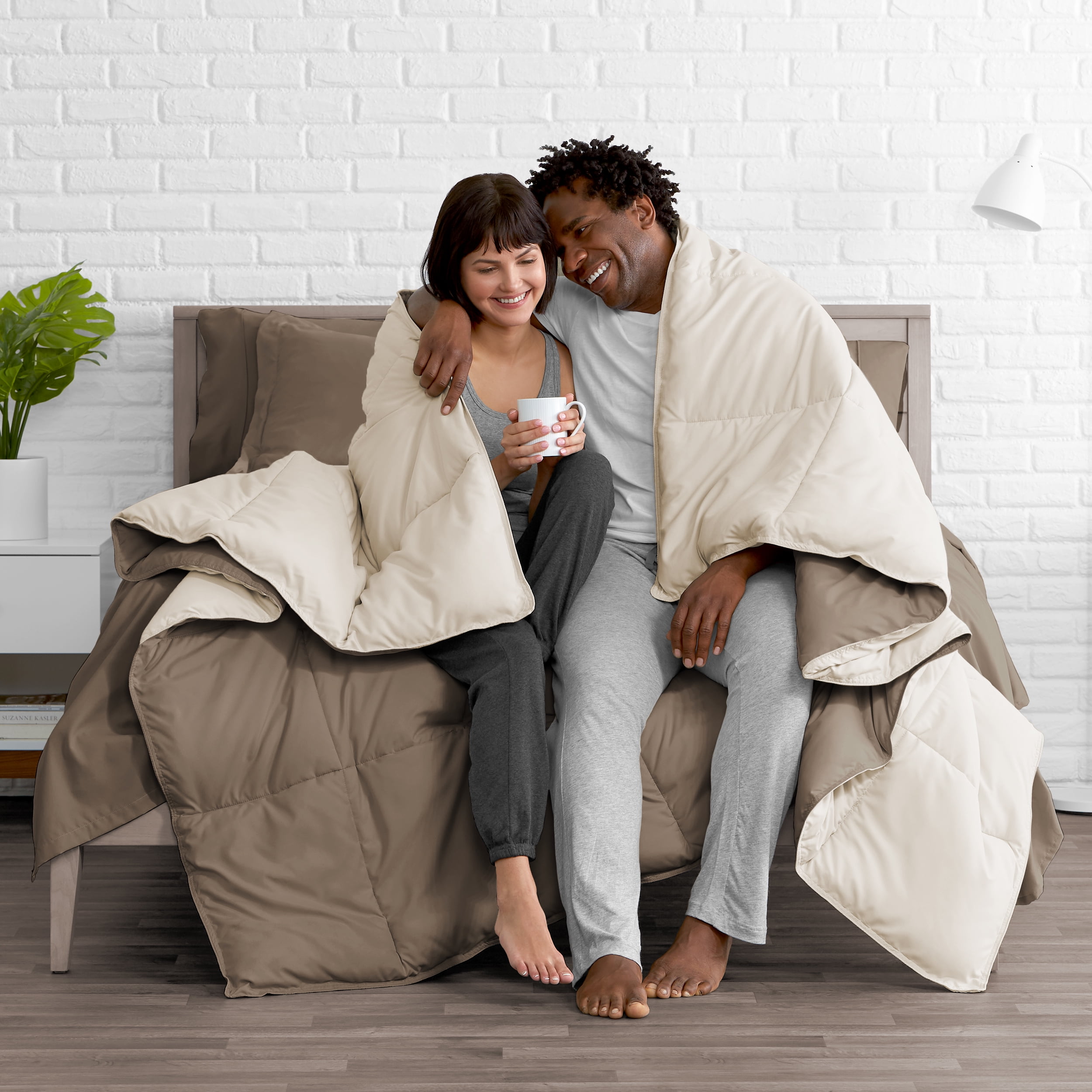 Bare Home Microfiber 5-Piece Sand/Taupe Comforter, Taupe Sheet Set Reversible Bed in a Bag, Full
