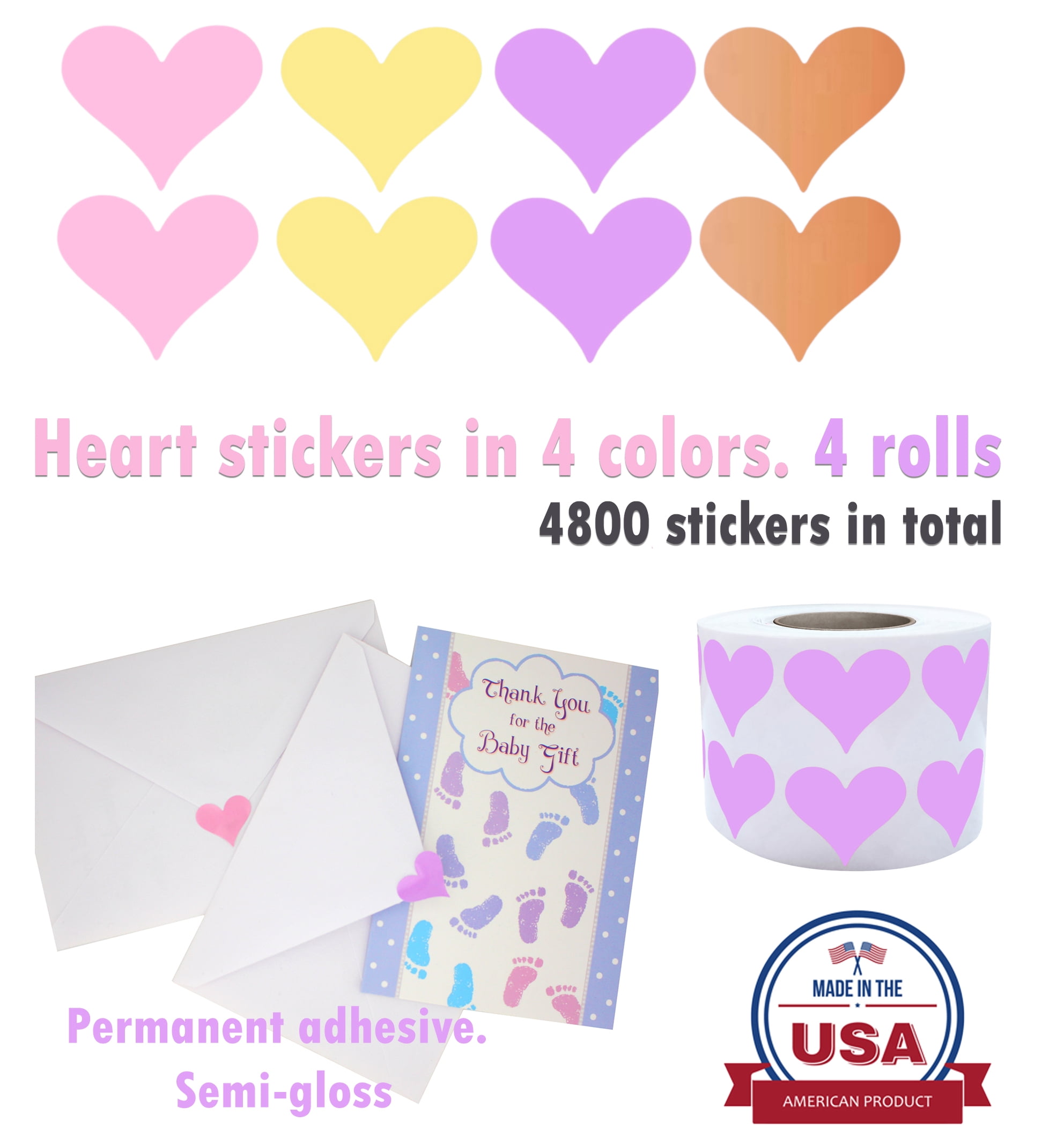 Royal Green Heart Stickers 3/4 inch (19mm) Label  Rolls in 4 Colors, Rose Gold, Pastel Purple, Pastel Yellow and Pastel Pink - 4800 Pack
