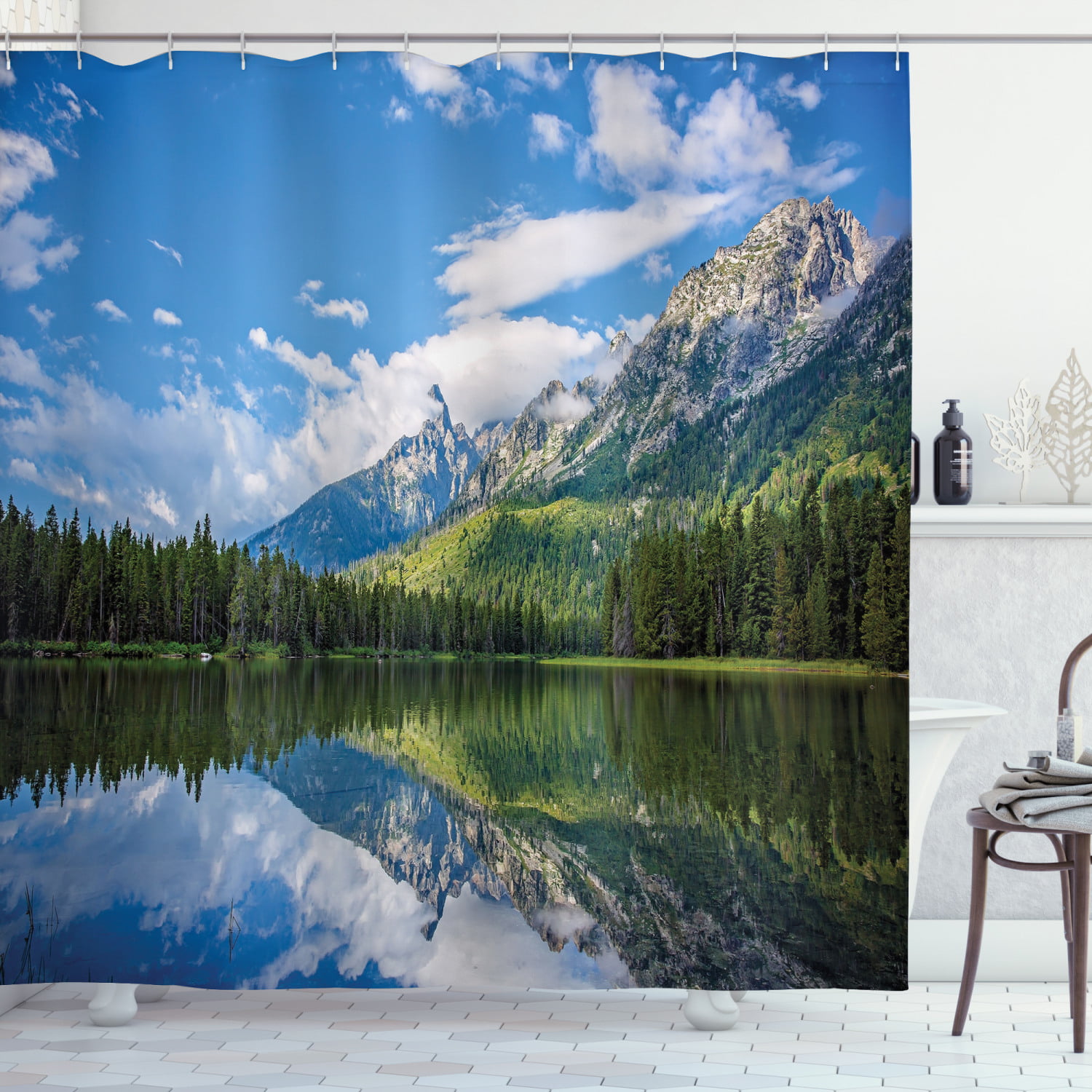 Magnificent Mountains Lake Water Reflection Waterproof Fabric Shower Curtain Set 