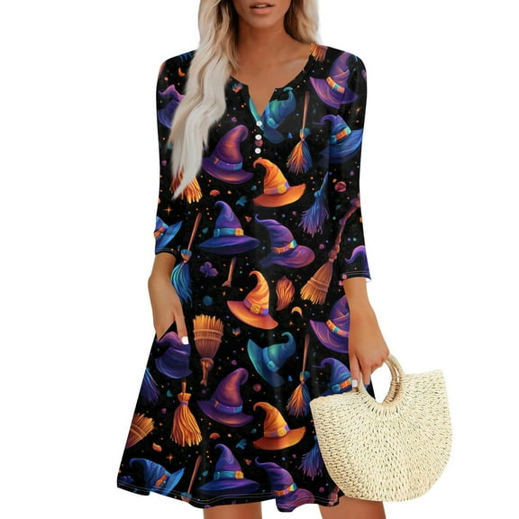 WTOBBY Women's Fashionable V-Neck Halloween Printed Dress with Button Detail and 3/4 Sleeve Pockets - Stylish and Functional Dress for Women,Black L