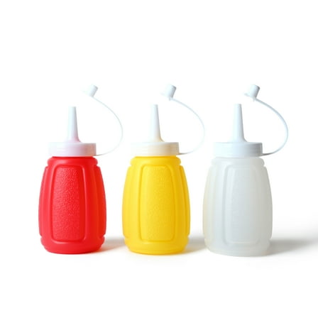 Servette Home Condiment Squeeze Bottles with Attached Caps, Yellow Red Clear, 3.37oz Capacity, 3 Pack