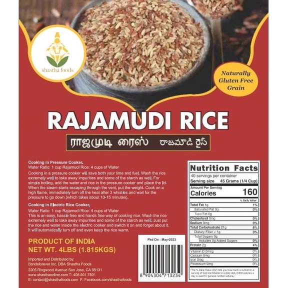 Shastha Foods Rajamudi Rice, 4 lbs (pack of 1) in Plastic Bag, Gluten Free, Unpolished
