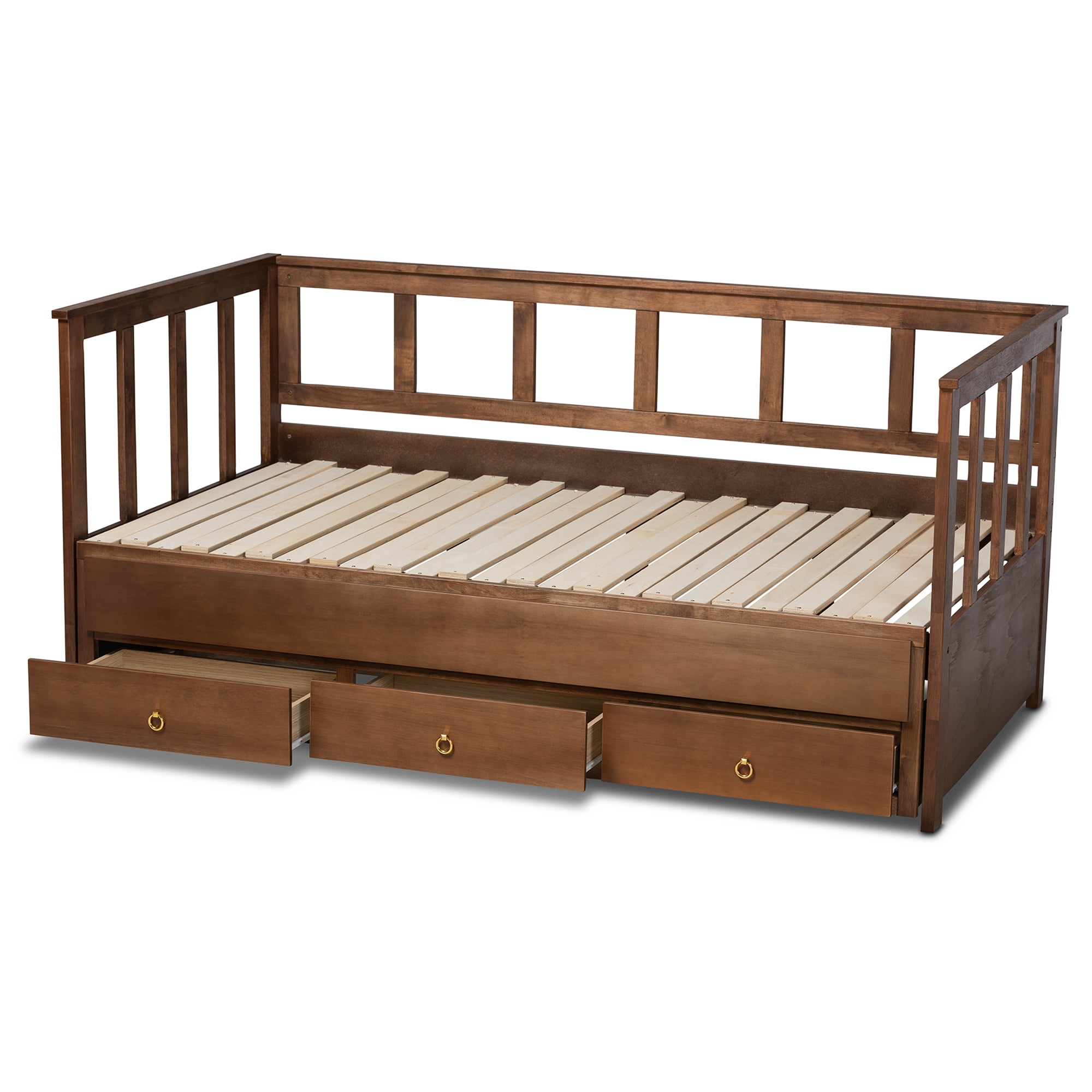 Baxton Studio Kendra Modern and Contemporary Walnut Brown Finished Expandable Twin to King Daybed with Storage Drawers, Walnut/Gold