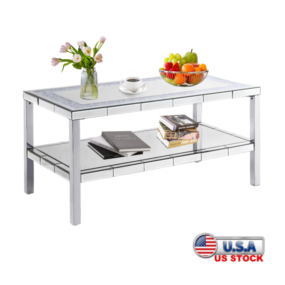 Tcbosik Mirrored Coffee Table with Storage Shelf, 2-Tier Rectangle Cocktail Table, Modern Center Table for Living Room, Easy Assembly, Silver