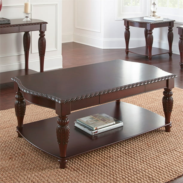 Coffee Table Set In Mahogany Cherry, 3 Piece Silver Living Room Table Set
