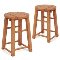 Gymax Outdoor Wood Bar Stools Set of 2 w/Round Seat Footrest Patio Backless Barstools