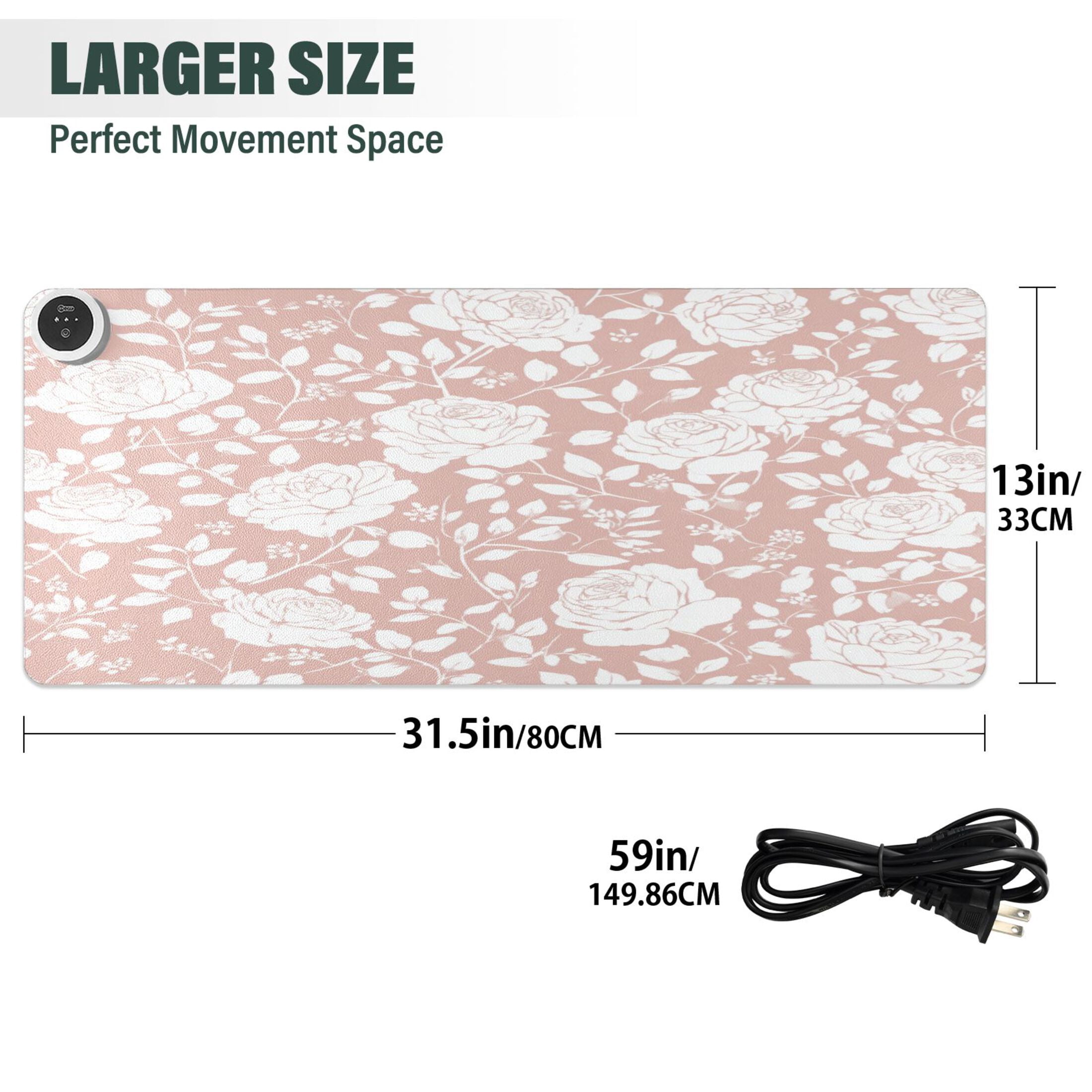 Large Heated Desk Mat Mouse Pad 31.5"x13"PU Leather Graphene Heating Desk Warmer with 3 Temperature Settings 110V US Plug Non-Slip Warm Pad for Home, Office, and Gaming Dusty Pink Rose Print