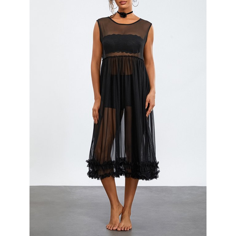 Musuos Women's Sheer Mesh Midi Dress Solid Color Crew Neck Ruffles  Sleeveless See-Through Cover-Ups Dress for Beach - Walmart.com