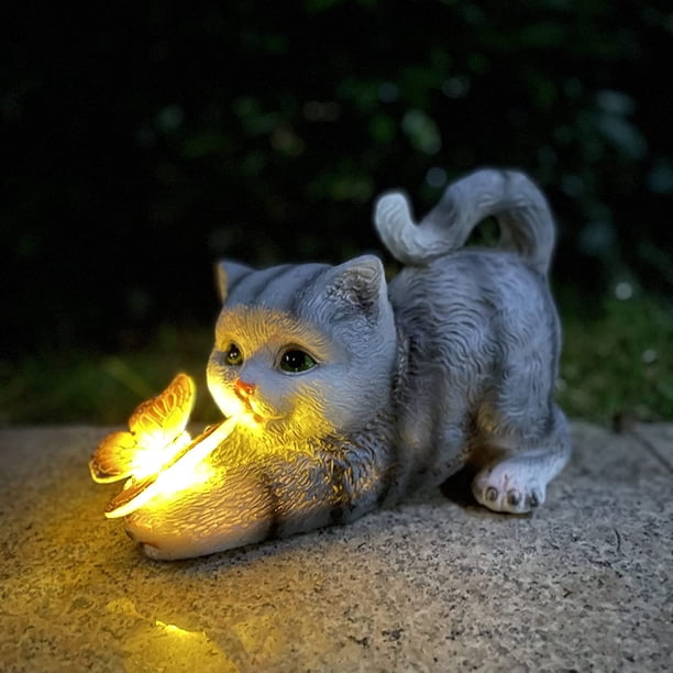 CHAO Figura decorativa de gato para jardín, decoración de jardín, mariposas luces solares para exteriores, decoración de balcón, jardín, diseño lindo gato mariposa resina adornos luces solares