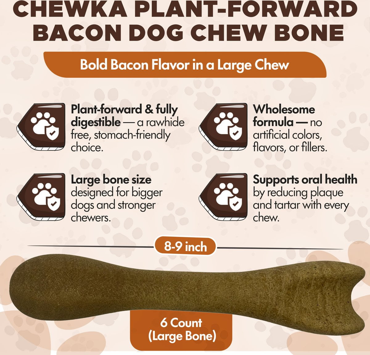 Scoochie Pet Chewka Bacon Flavored Plant-Forward Fully Digestible Dog Chew Bone, Large, 6CT