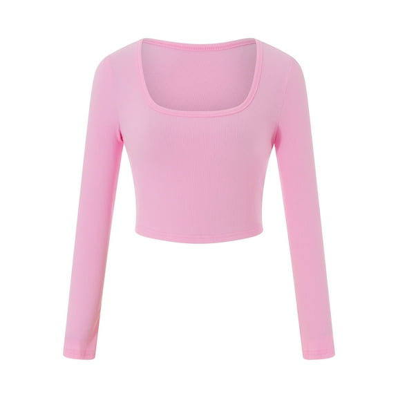 Women's Square Neck Long Sleeve Ribbed Slim Fitted Casual Basic Crop Top Pink S