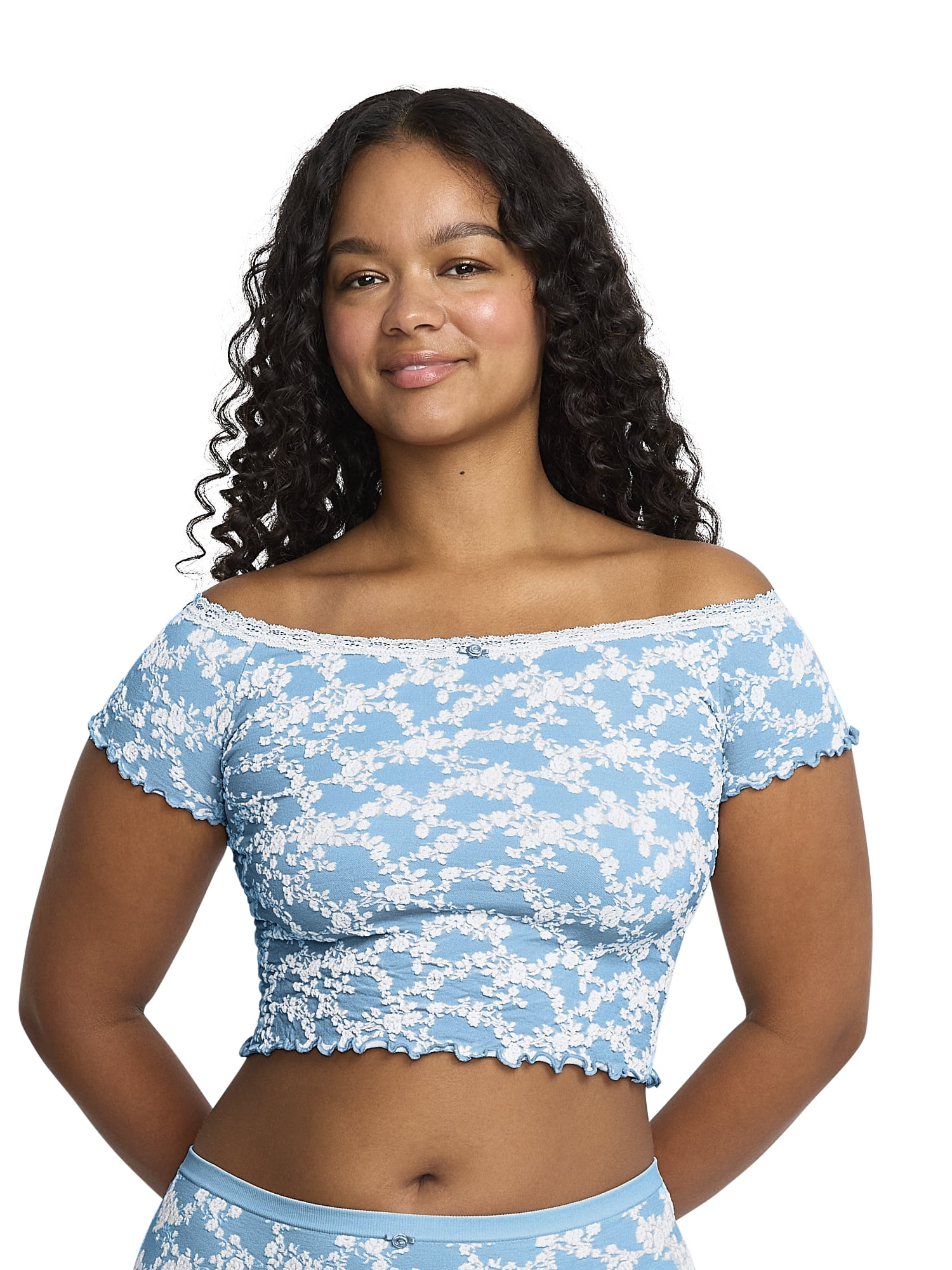 Mills by Millie Bobby Brown Women's Floral Seamless Off-Shoulder Crop Top, Sizes XS-XXXL