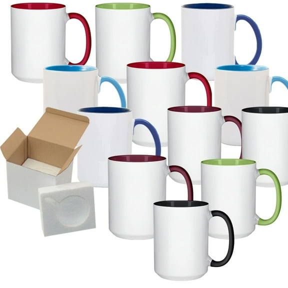 Mugsie 12 Pcs 15OZ El Grande MIXED Colors Inside & Handle Sublimation Mugs With Foam Support Boxes