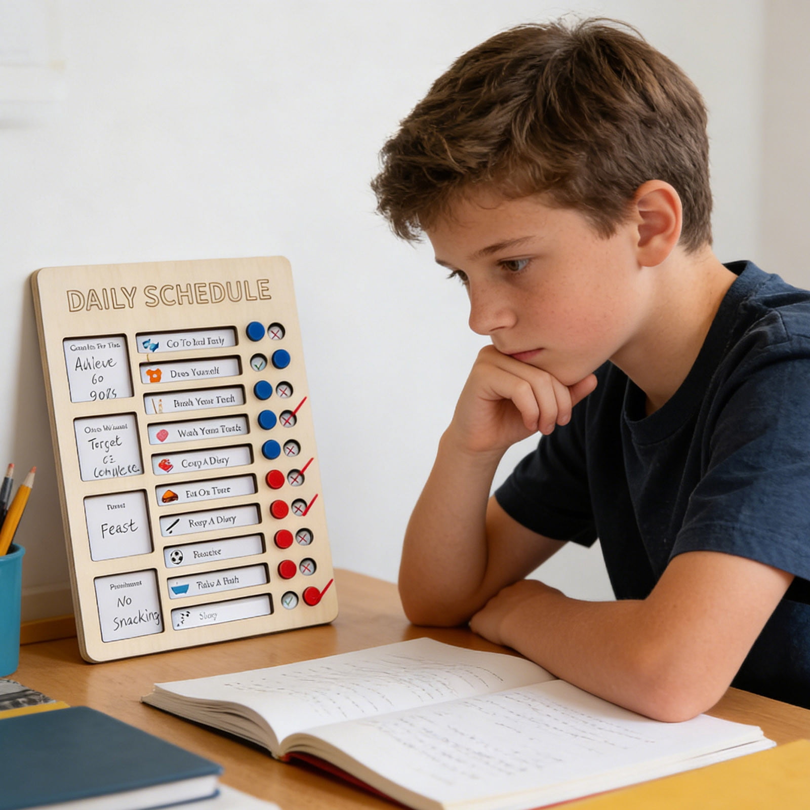 Reusable Chore Chart Board, Double-Sided Dry Erase Wooden Routine Task Organizer for Home, Classroom, Dorm, RV, Vertical Slider Design with Dry Erase Marker