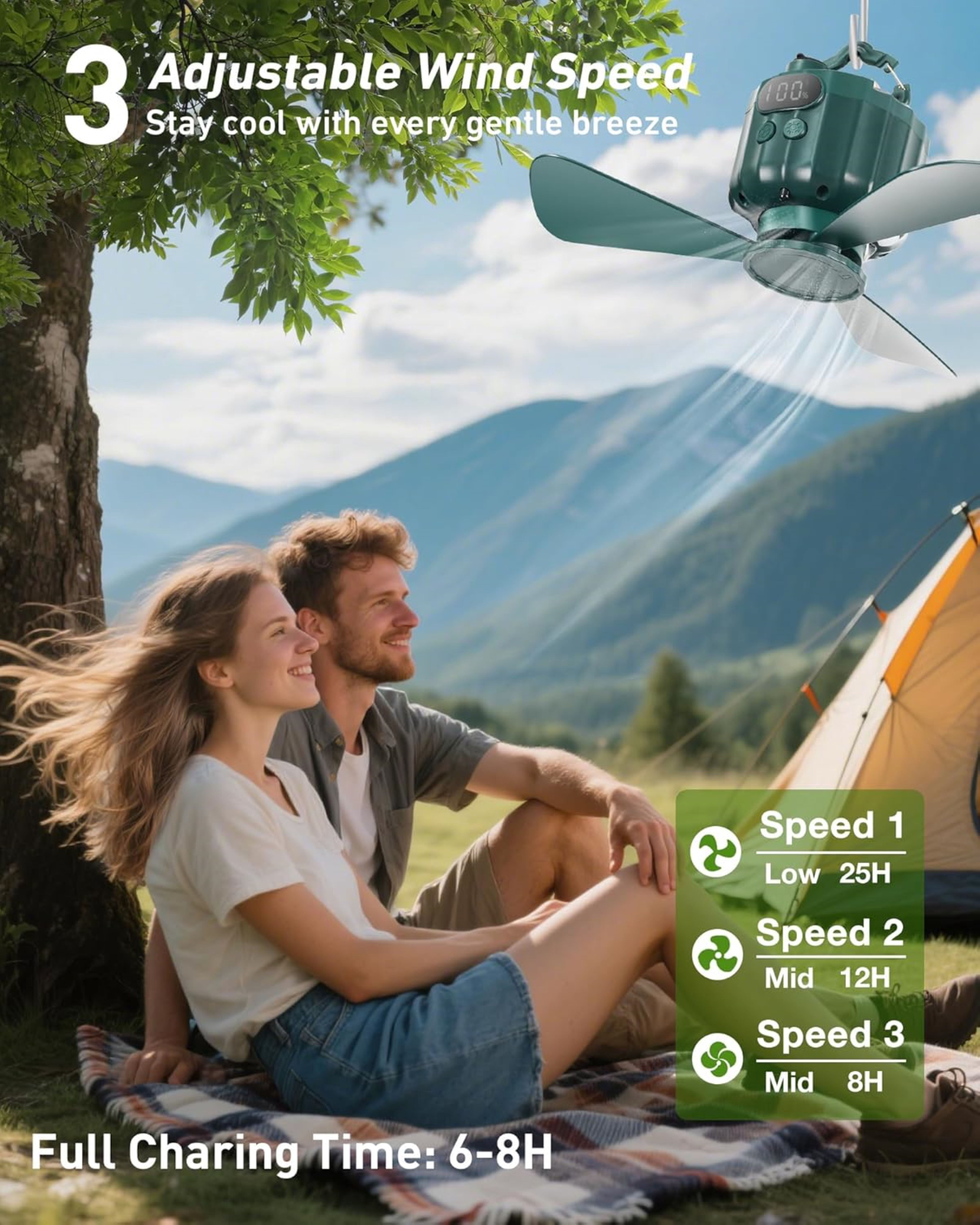Portable Ceiling Fans with Remote Control, Power Bank, USB Battery Operated Camping Fan with Hanging Hook for Canopy Tents, Emergency Survival