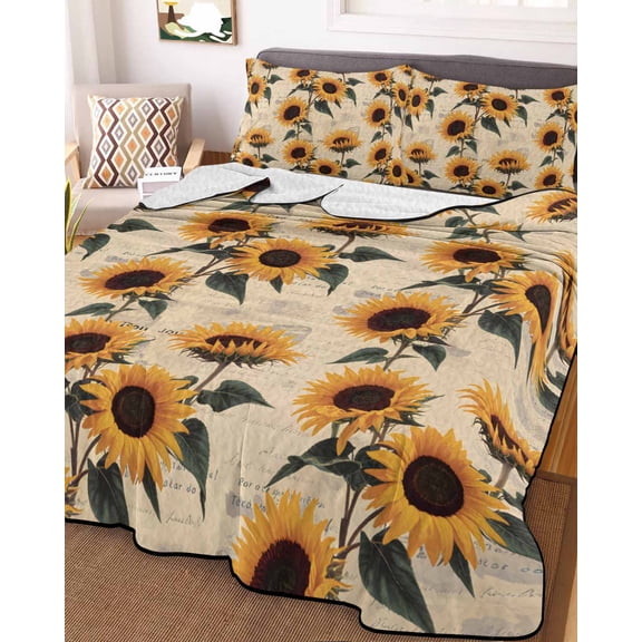 Vintage Sunflower King Size Down Alternative Comforter, Lightweight Comforter Quilt Bedding Set with Pillow Shams Watercolor Summer Botanical All Seasons Bed Comforter Duvet Insert 96"x106"