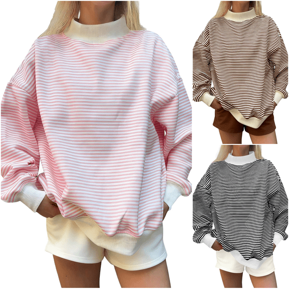 Women Oversized Mockneck Sweatshirt Striped Mock Neck Long Sleeve Pullover Shirt Fall Winter Lounge Tops S