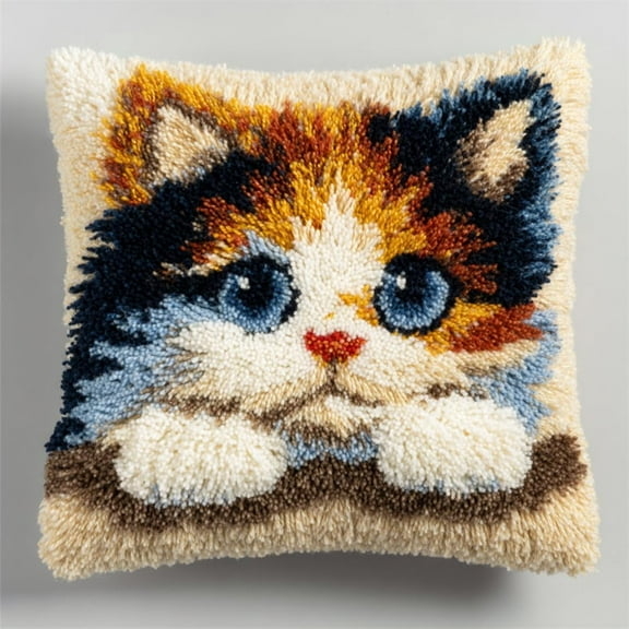 Latch Hook Kits Pillow Cat Crochet Yarn Cushion Colour Pre-Printed Canvas Rug Needlework Diy Pillowcase Hook And Latch Kit Christmas Home Arts Crafts Sofa Decoration 43X43Cm/17 X17Inch