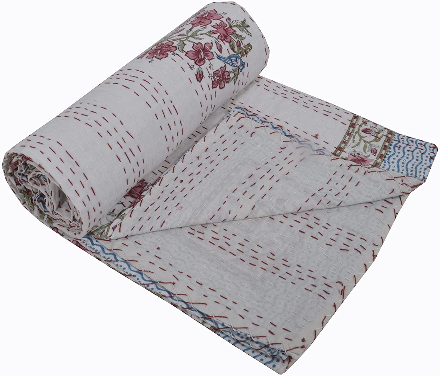 Indian Hand Block Print Kantha Quilt Kantha Throw Cotton Bedspread Indian Blanket Twin Size Quilt Kantha Bed over Cotton Quilt