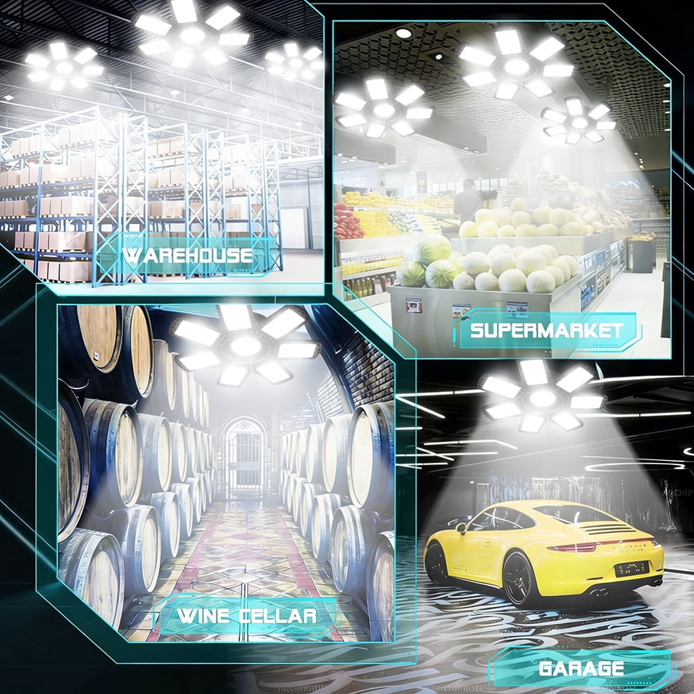Garage Lights, 2 Pack Super Bright 38000LM LED Garage Ceiling Light, 300W LED Shop Lights with 7 Deformable Panel, Basement Barn Ceiling Lights for E26/E27