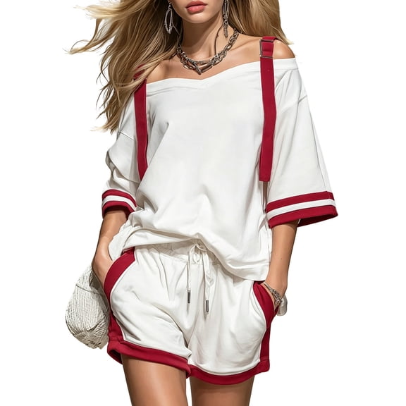 Arlun Womens Casual Summer Athletic Two Piece Outfits Oversized off the Shoulder V-Neck Half Sleeve Top and Baggy Drawstring Shorts Trendy Color-Block Sports Leisure Sets White XL