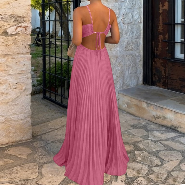 halter top maxi dresses for summer Women's Solid Color Pleated Maxi Dress, Sleeveless Tube Top Halter Neck  Flowy, Lightweight Beach Vacation Summer Resort Party Outfit for Travel &  Date Night Pink M