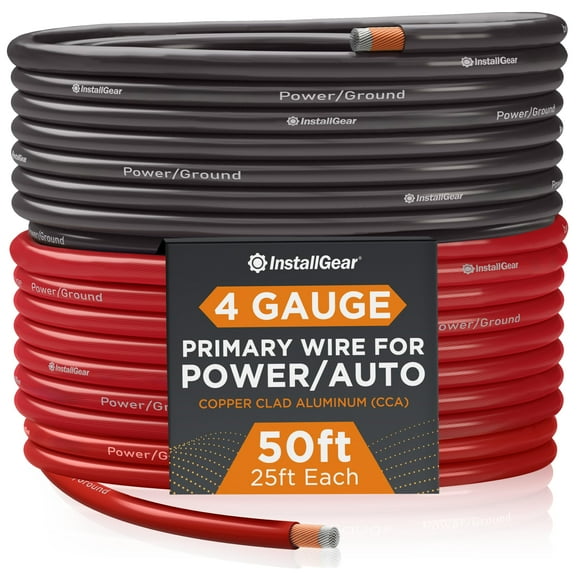 InstallGear 4 Gauge Wire - 50 feet 4 AWG Battery Cable - Copper Clad Aluminum (CCA) Battery Wire for Car Audio, Amplifier Power, 4 Gauge Battery Cables, and Ground Applications