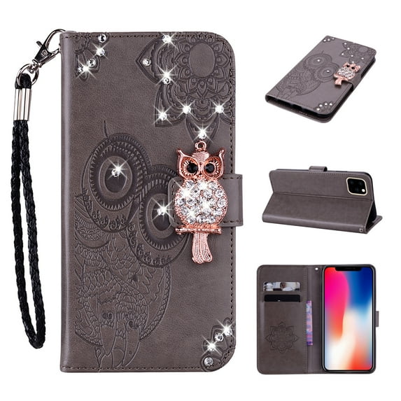 Feishell iPhone 14 Pro Case Owl Pattern Glitter Sparkly Gems Shockproof PU Leather Wallet Cover Flip Stand Card Slots Magnetic Diamond Bling Folio Case for Apple iPhone 14 Pro, Gray