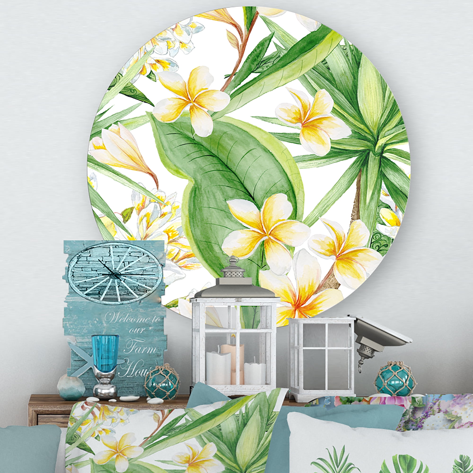 Designart 'Yellow Flowers and Tropical Foliage VII' Modern Circle Metal Wall Art 23x23 - Disc of 23