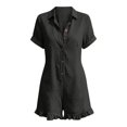 thumbnail image 6 of LEKODE One Piece Romper for Women Wide Leg Rompers Collared Neck Jumpsuit Short Rompers Flap Pocket Romper V Neck Button Down Short Sleeve Jumpsuits with Pockets Womens Summer Outfits Black L, 6 of 6