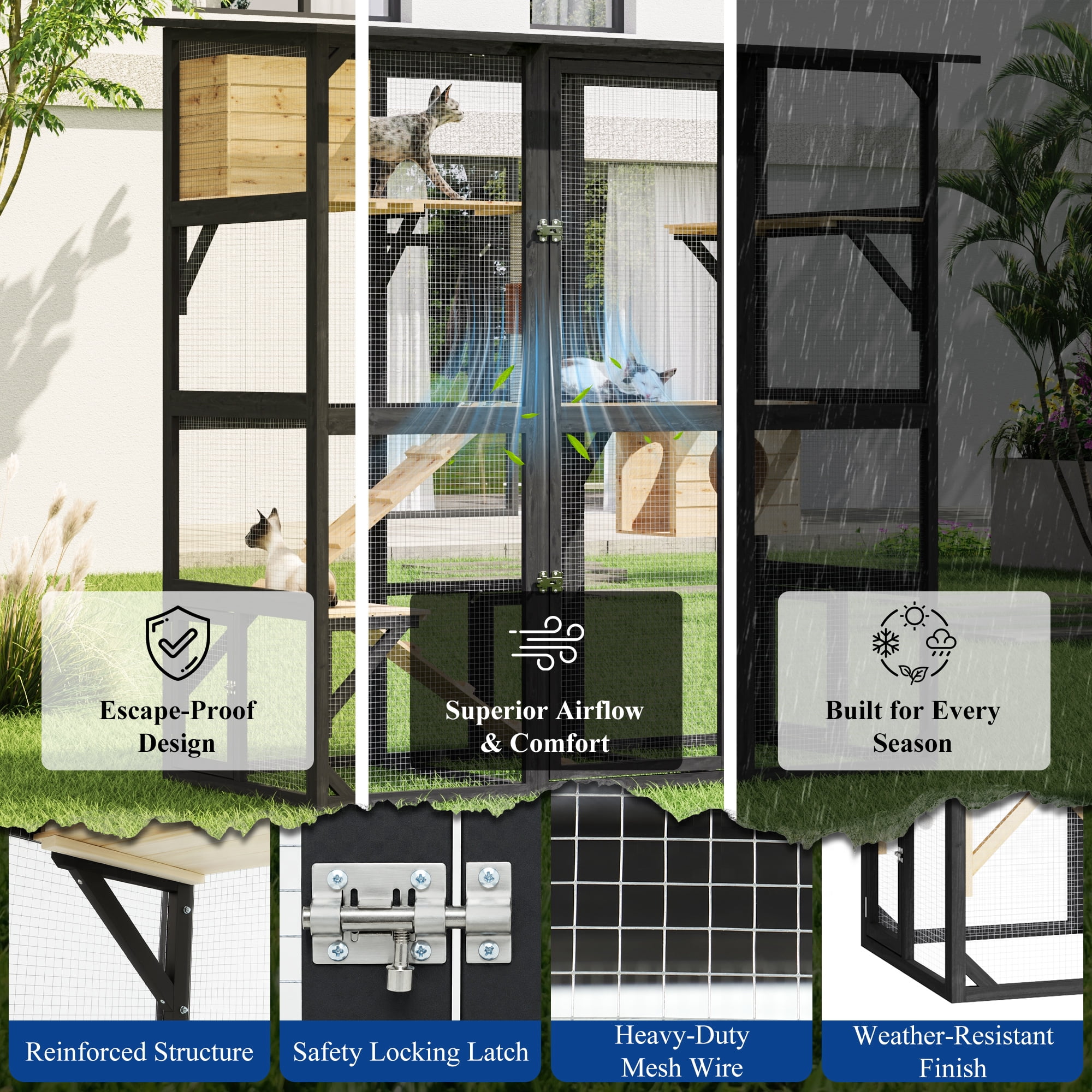 ANPOO 71''Luxury Walk-In Outdoor Catio, Large Wooden Cat Enclosure with Sloped Weatherproof Roof, Multi-Level Cat House with Cat Condo, Sisal Post & Ramps, Escape-Proof Cat Cage for Multiple Cats