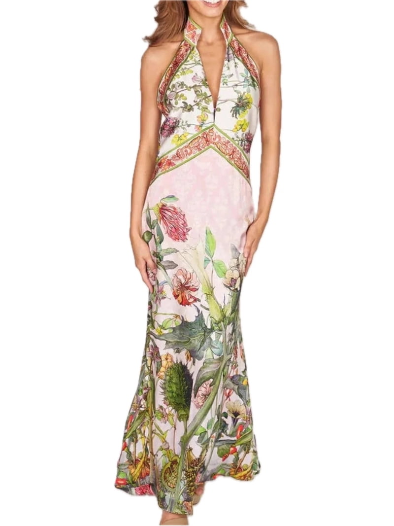 polyester halter dress Women's Printed Neck Backless Maxi with Slit Stretch Fabric 100% Beach Party Vacation Wear red-prom-dresses