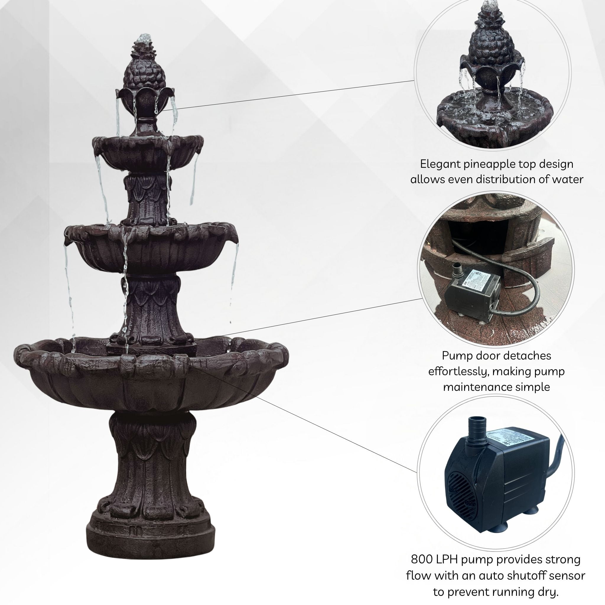 58.3" 3-Tier Electric Outdoor Freestanding Water Fountain - Classic Leaf Design, Brown Resin with Pump